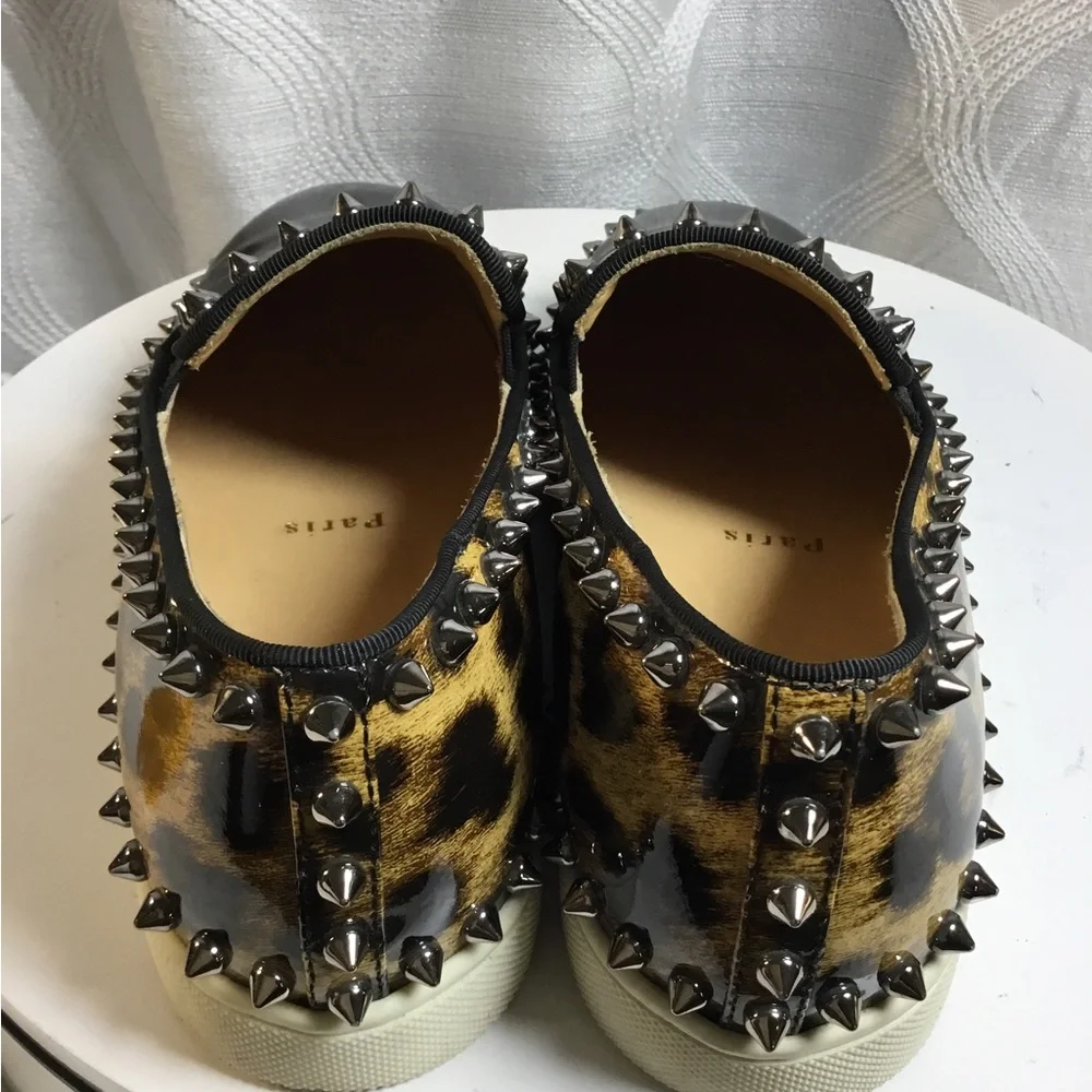 Christian Louboutin Black Patent & Leopard Spike Trim Slip-On Sneakers